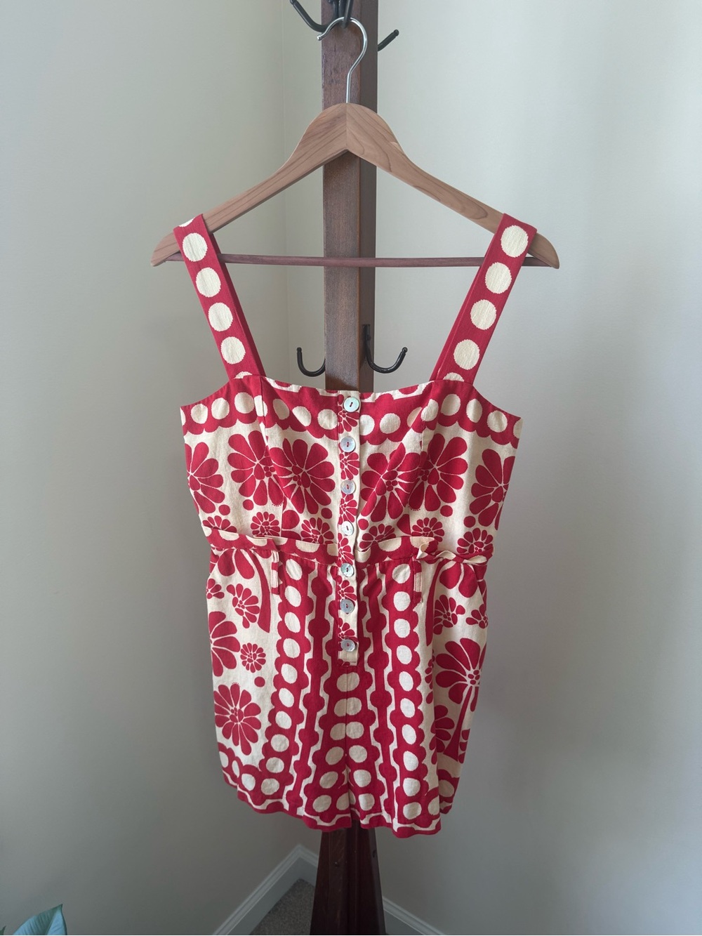 FARM Rio Red and Cream Floral Button Romper